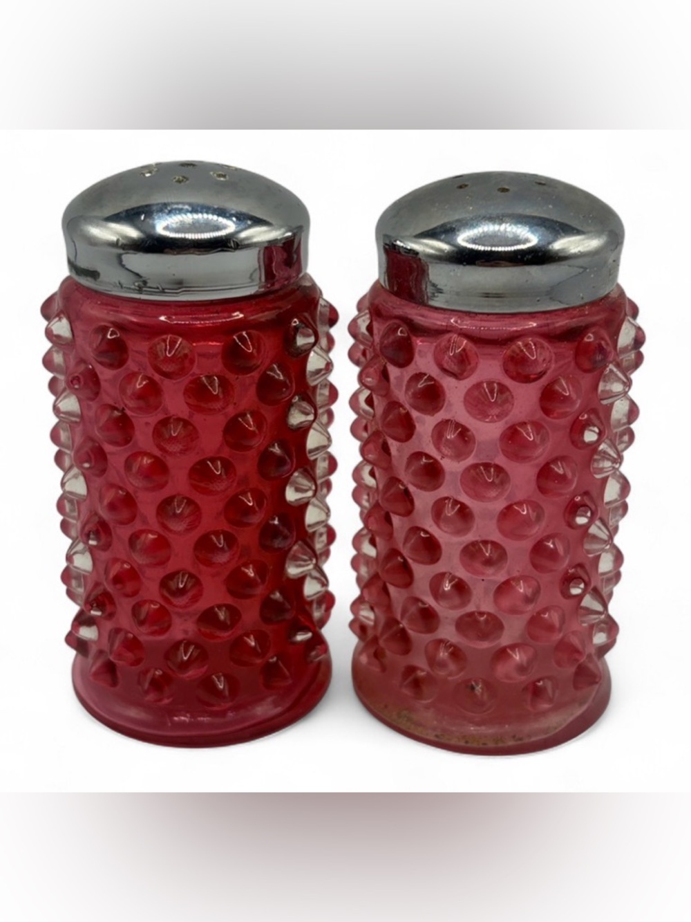 Vintage Cranberry Hobnail Glass Salt & Pepper Seasoning Shakers Kitchenware